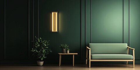 Green room interior with sofa, plants, and wall lamp.