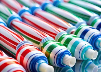Close-up of Toothpaste Tubes Displaying Various Color-Coded Stripes and Packaging