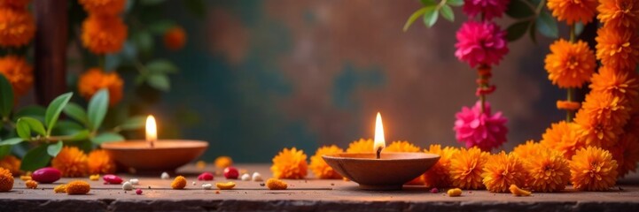 Colorful marigold garlands and diyas (earthen lamps) on a table or shelf for Gudi Padwa celebrations, spring decor, chaitra month