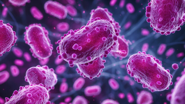A detailed close-up of vibrant microorganisms or bacteria floating in an aquatic environment, showcasing microscopic life.