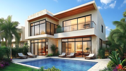 Fototapeta premium Luxury Modern Villa: Poolside Oasis with Tropical Flair