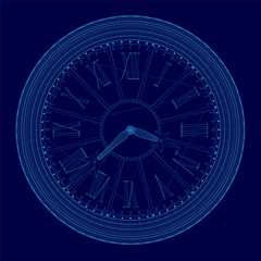 Blue clock with roman numerals on it.