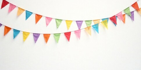 Obraz premium Colorful pennants with flags on a white background, festive and bright, holiday decor, flag garland