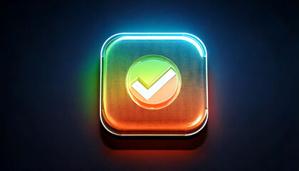 Vibrant neon checkmark icon in a glowing square. Perfect for app interfaces, website design, or tech presentations. Modern, sleek style conveys approval, completion, or success.
