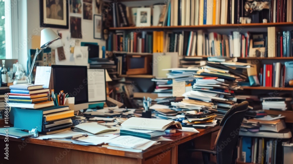 Aufkleber a cluttered workspace filled with books, papers, and a computer, suggesting a busy environment.