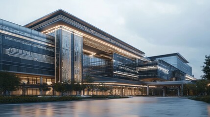 Obraz premium Futuristic Government Complex with Glowing Digital Circuitry Designs - Ultra-Detailed AI Governance Concept Image