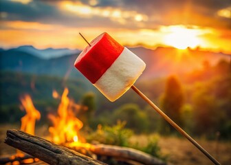 Indonesian Flag Marshmallow Roast: Drone Shot of Patriotic Dessert Burning on Stick