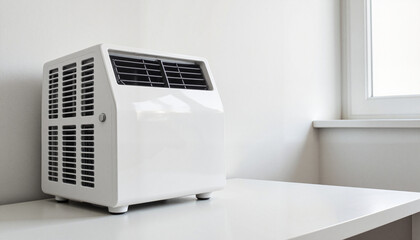 Fototapeta premium White air conditioner on a desk by the window