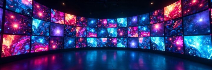 Dense grid of LCD panels in a dark room, with subtle glow emanating from the screens , neon glow, electronic display