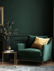 Emerald Velvet Armchair with Gold Accents in a Dark Room