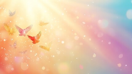 A vibrant scene with colorful birds soaring through a luminous, dreamy background.