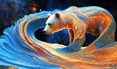 Giant bear outlined by a swirling mandala, cosmic stardust filling its silhouette, galaxy swirling behind