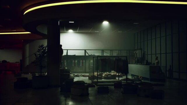 Shattered glass and scattered merchandise fill the darkened store after a night of looting. The atmosphere is tense, highlighting the aftermath of a violent theft as dim lights flicker above.