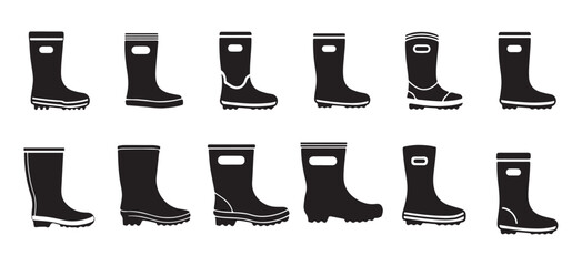 Fototapeta premium Collection of silhouettes rubber boots icon on white background