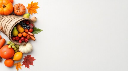 A cornucopia of autumn fruits and vegetables with leaves and pumpkins.