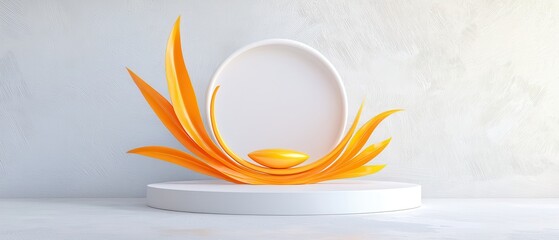 Obraz premium Abstract White and Orange Minimalist Product Display with Stylish Leaf Design