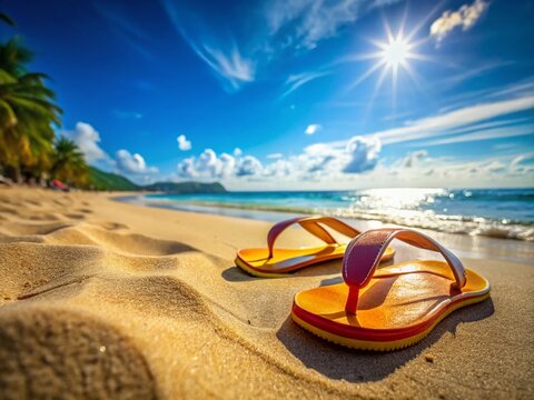 Colorful Chancletas on Tropical Beach Sand, Summer Vacation Footwear
