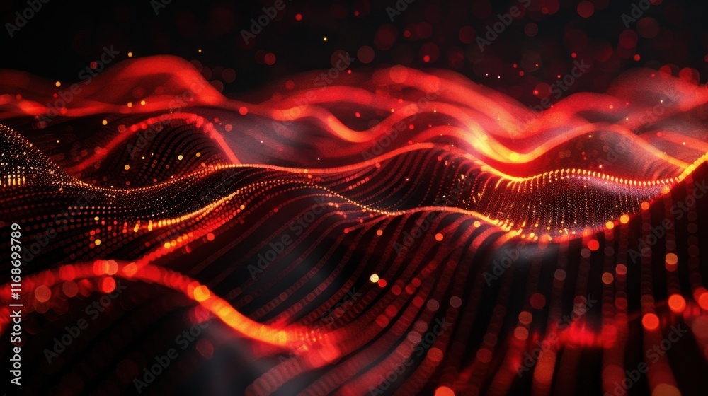 Poster abstract wave with moving dots and lines. flow of particles. cyber technology illustration. 3d rende