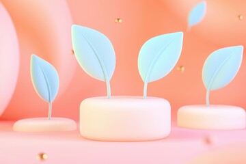 Pastel Pink Background with Minimalist 3D Rendered Plants Spring Theme Soft Colors Nature Design