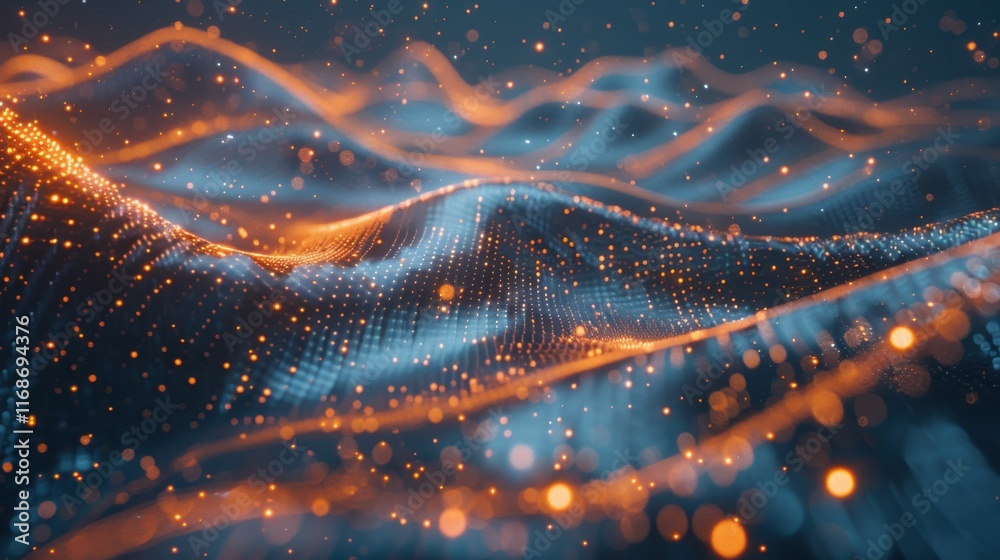Poster abstract wave with moving dots and lines. flow of particles. cyber technology illustration. 3d rende