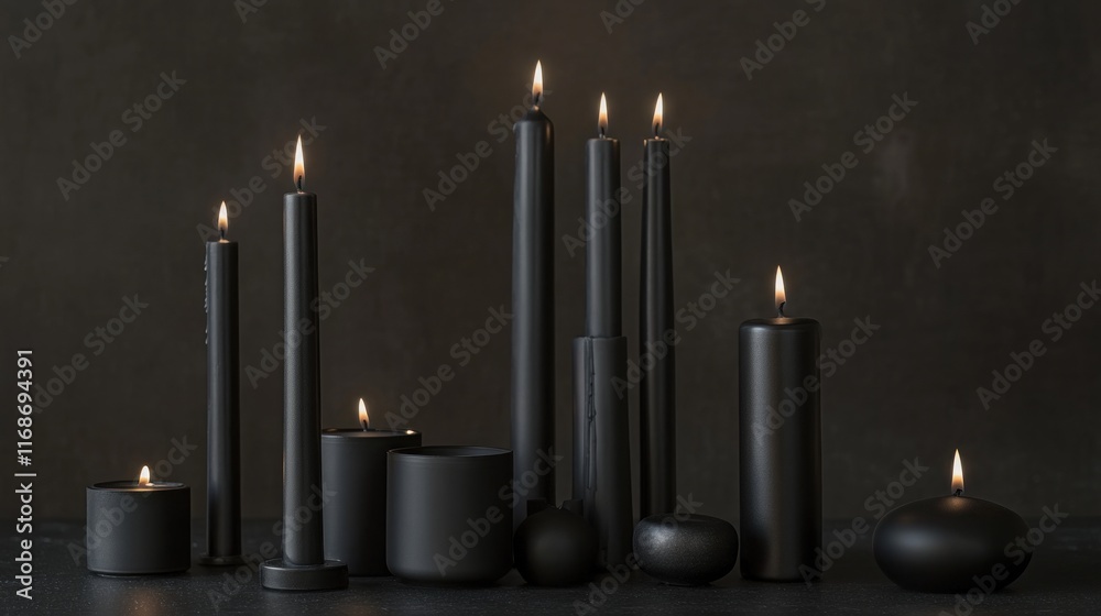 Poster a collection of black candles with flames, creating a serene and elegant atmosphere.