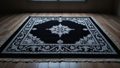 Elegant black and white rug on wooden floor