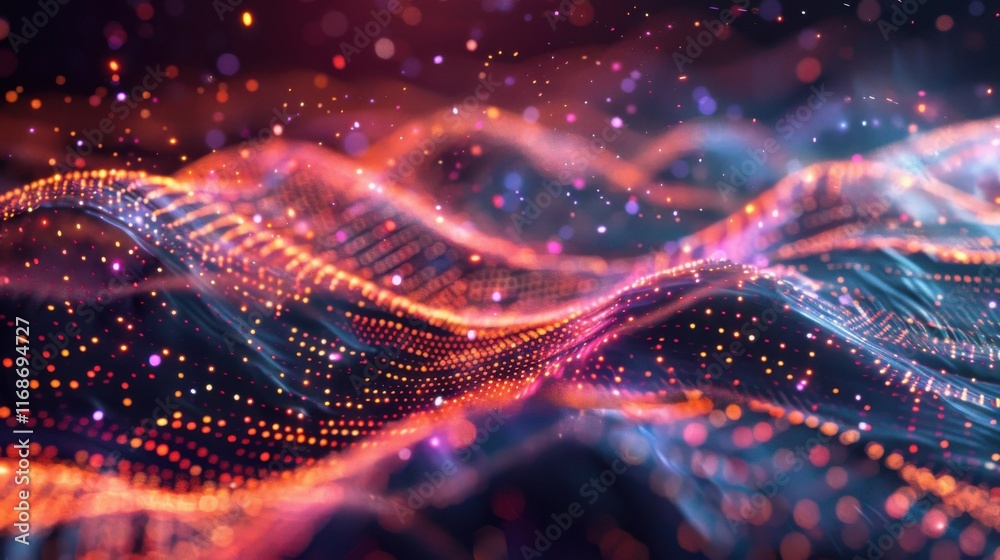 Poster Abstract wave with moving dots and lines. Flow of particles. Cyber technology illustration. 3d rendering 