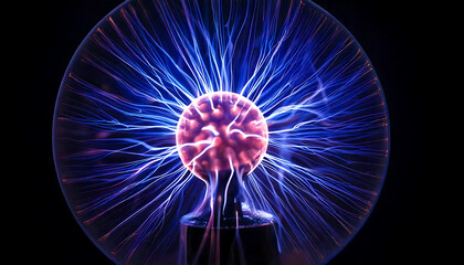 Mesmerizing plasma globe close-up showcasing vibrant blue and purple electrical discharges. Perfect for science, technology, energy, or abstract design projects.