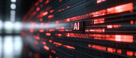Obraz premium Futuristic AI Technology Red Digital Data Stream and AI Interface