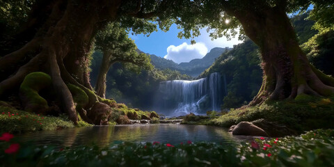 Fototapeta premium Majestätische Berglandschaft mit Wasserfall und klarem blauen Himmel