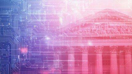 Obraz premium Futuristic Fusion: Circuit Patterns Merge with Classical Government Silhouette in Modernization Cinematic Image
