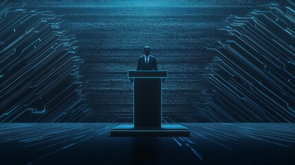 Futuristic Government Official Delivering Data-Driven Policy Announcement on Ultra-Detailed Digital Panel at High Podium - AI Governance Concept Image