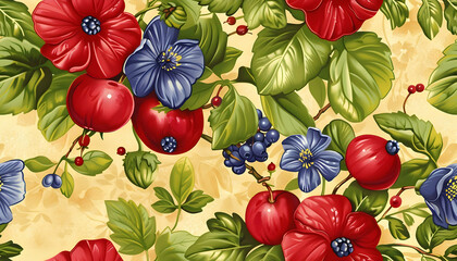 Fototapeta premium Vibrant Floral Illustration with Berries and Apples