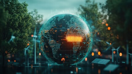 Obraz premium A conceptual illustration of a globe surrounded by wind turbines, solar panels, and trees, symbolizing the interconnectedness of renewable energy and nature