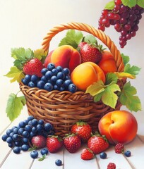 Colorful Harvest Basket Filled with Fresh Fruits Including Peaches, Strawberries, Blueberries, and Grapes in a Bright and Sunny Setting