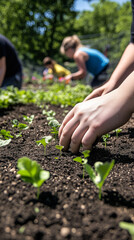 Hands nurturing growth by planting seeds in earthy soil