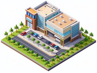 Isometric Shopping Mall Illustration: Modern Retail Complex with Ample Copy Space
