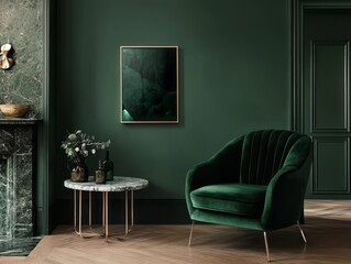 Emerald Green Room Interior Design Featuring Velvet Chair and Art