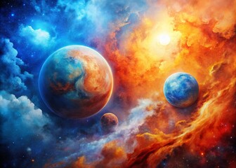 Obraz premium Cosmic Watercolor Planets: Blue & Orange Celestial Bodies in Nebula