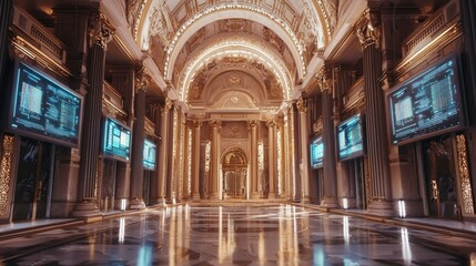 Obraz premium Futuristic Government Control Room with Rotating KPI Dashboards in Grand Assembly Hall