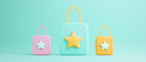 Pastel Shopping Bags with Stars Cute 3D Render of Gift Bags for Online Retail
