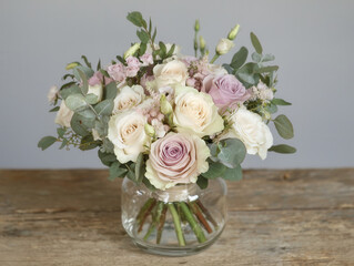 beautiful bouquet of roses and greenery in clear glass vase on wooden table