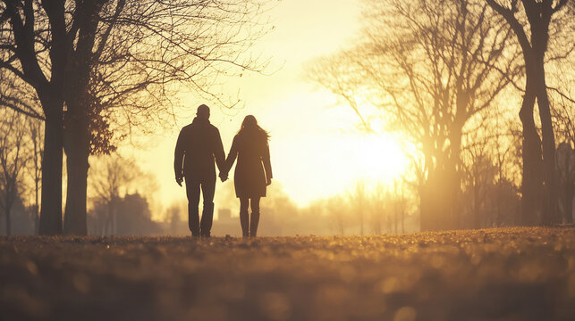 couple holding hands walks through park at sunset, surrounded by bare trees