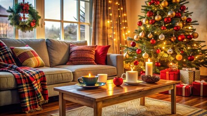 Cozy Christmas Living Room: Sofa, Table, Tree & Gifts