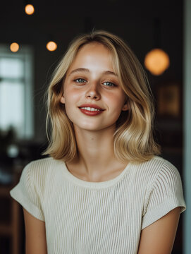 Strahlendes L&auml;cheln einer jungen Frau in einem modernen K&uuml;chenambiente

