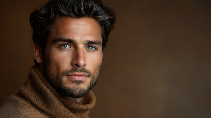 close up of a person against mocha mousse background, mocha mousse mockup with copyspace, color of the year 2025