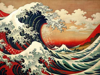 Fotobehang Japanese Wave Art: Red Black White Ukiyo-e Style Graphic Design Background © Danicha