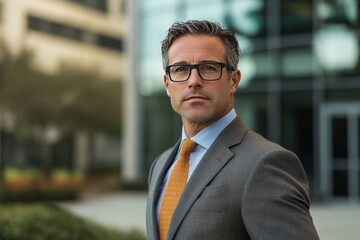Fototapeta premium Businessman stands confidently in front of modern office building against blue sky
