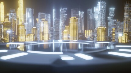 Futuristic Meeting Room with Illuminated City Model: AI Government Policy Discussion