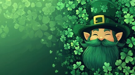 St. Patrick's Day, a cute leprechaun face with a green hat and beard surrounded by shamrocks